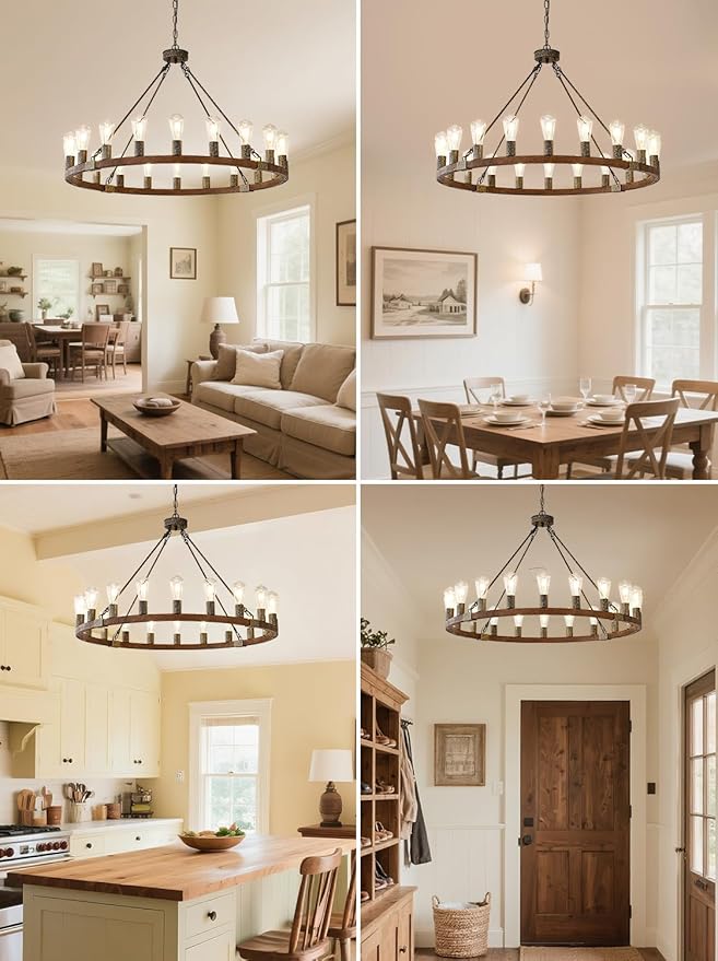 Large Wagon Wheel Chandelier, 40 Inch Farmhouse Chandeliers Rustic Wood, 20-Light Round Vintage Wooden Chandelier for Dining Room, Living Room, Entryway, Kitchen