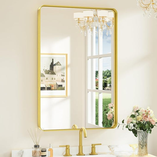 Keonjinn Gold Bathroom Mirrors for Over Sink 24 x 36 Inch Brushed Brass Metal Framed Mirror, Rounded Rectangle Bathroom Vanity Mirror, HD Tempered Glass Modern Mirror for Wall(Horizontal/Vertical)