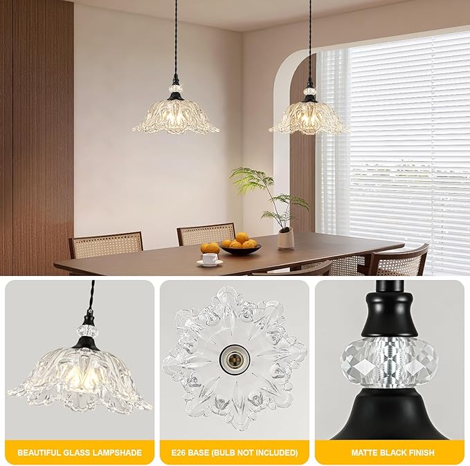 1 Piece Black Chandelier Light Fixtures with Glass Shade, Black Farmhouse Pendant Light,Hanging Light for Kitchen Island Room,Hallway,Living Room,Bedroom