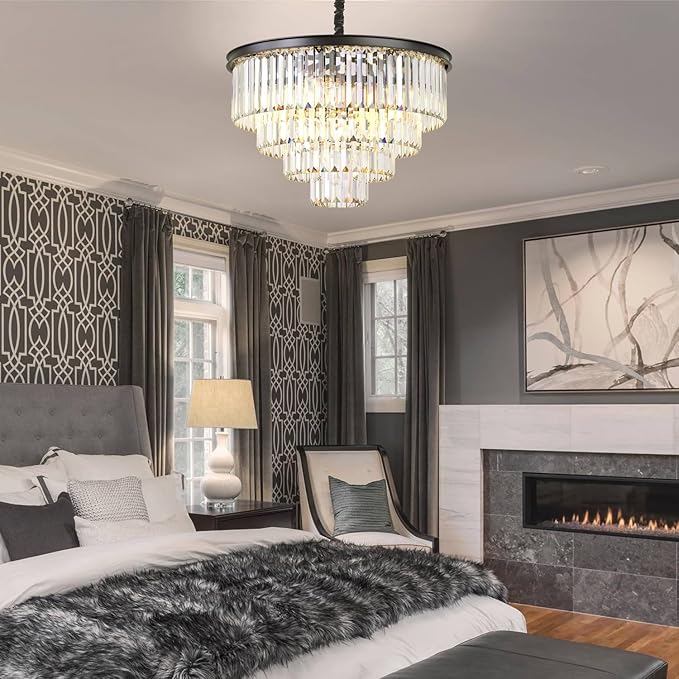 Modern Black Crystal Chandelier,4-Tier Round Pendant Ceiling Fixture with Height Adjustable Luxury Hanging Chandelier for Dining Room,Living Room,Entryway,Bedroom,Kitchen,and Foyer (Black Crystal-4)