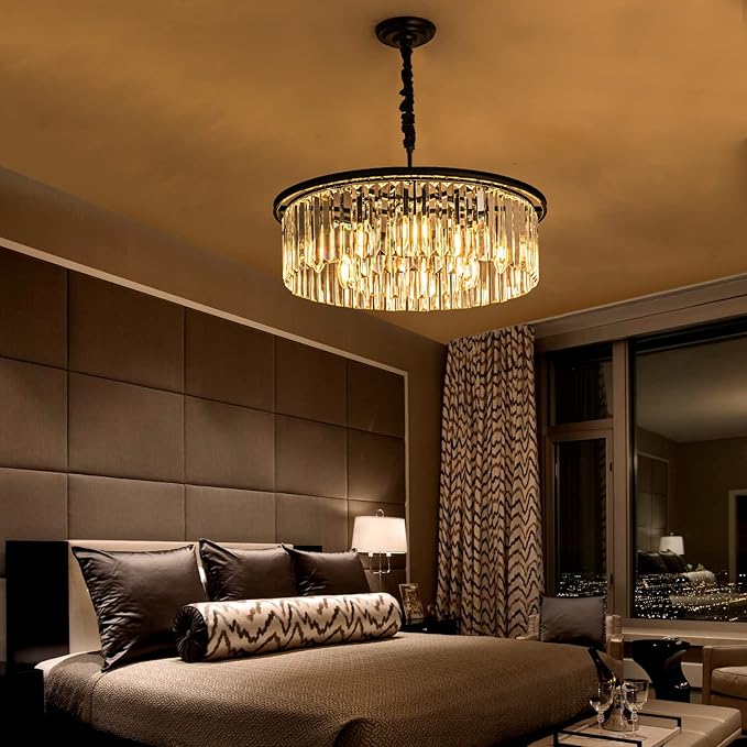 23" 8-Light Modern Crystal Chandelier Light Fixtures 2 Rings Black Luxury Chandeliers for Dining Room Round Hanging Pendant Lighting for Living Room Kitchen Entryway Bedroom