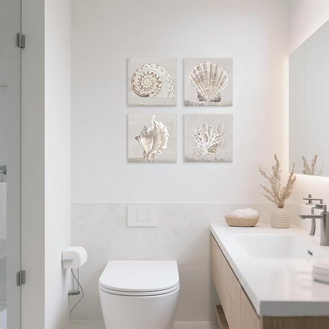 JAPO ART White Sea Shells Pictures Coastal Beach Canvas Wall Art Picture Vintage Seashell Giclee Print on Canvas Stretched for Living Room Bedroom Wall (White shells Eva Watts, 12x12Inchx4pcs)