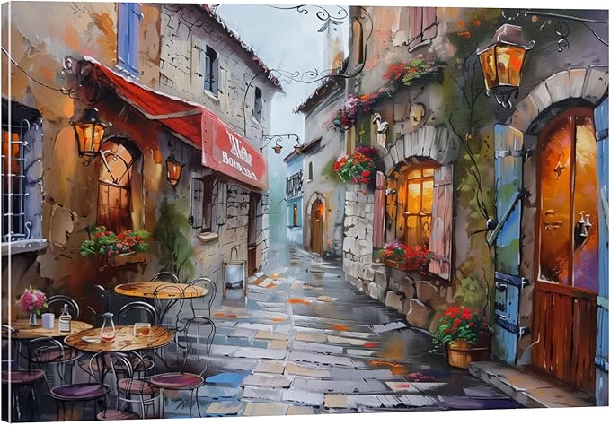 Modern Framed Street View Wall Art European Coffee Shop Canvas Print, Contemporary City Scene Painting, Vintage Cafe Artwork for Kitchen Dining Room Living Room, Bedroom Home Decor, Multi Size (Street 01, 24L"×16W")