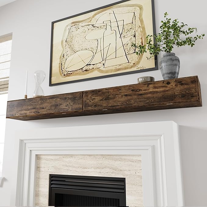 72inch Fireplace Mantel Shelf Rustic Fireplace Shelves,Wall-Mounted Floating Mantle for Fireplace or Living Room Decor,with Hidden Storage,MDF Wood,DIY Assembly Required,Brown (72Lx8Dx7H)