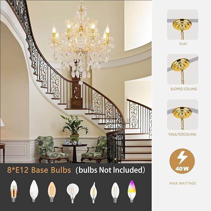 Luxury Maria Theresa Chandelier Light Fixture Modern Gold 8-Light Crystal Chandelier for Bedroom, Dining Room, Living Room, W23.6*H22 with Adjustable Chain