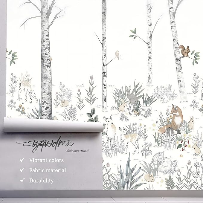 -Nursery Cartoon Woods Hand-Painted Animal Wallpaper Children's Room XT10 L 180" x 115"