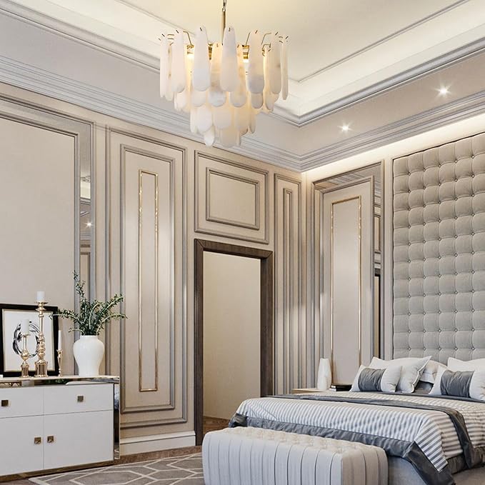 Alabaster Chandelier, D23.6in Modern Alabaster Round Dining Room Chandelier, 4-Tiers Luxury Natural Stone Ceiling Light Fixture, White Marble Chandeliers for Living Room Bedroom Foyer Entryway Kitchen