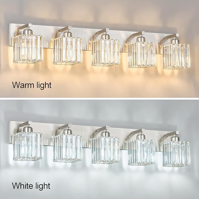 Modern Vanity Light 5-Lights Brushed Nickel Vanity Light Crystal Bathroom Wall Light Bathroom Light Fixtures