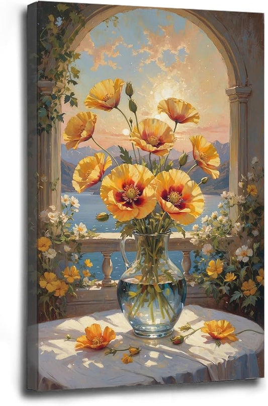 Yellow poppy flower canvas painting glass pitcher arched window tranquil lake mountains sunset sky pink orange clouds climbing vines stone columns home bedroom living room plant wall art decoration