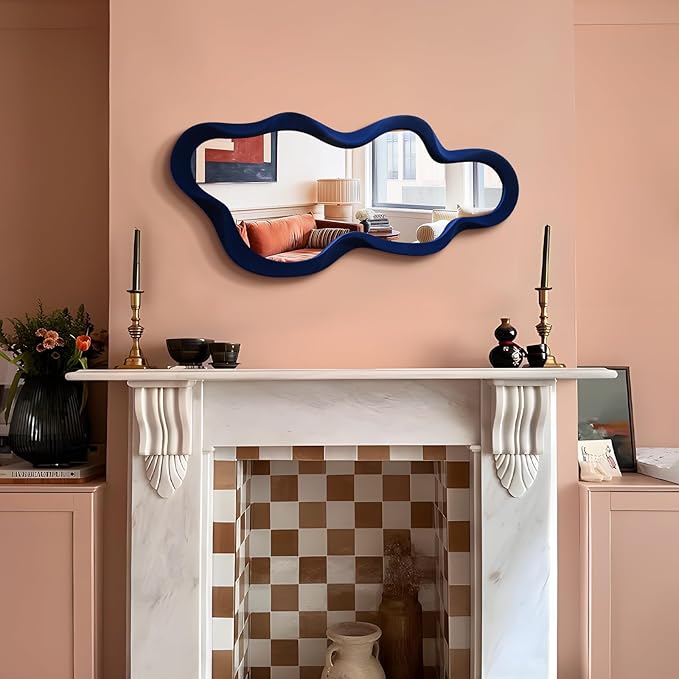 Living Room Mirrors for Wall Decor, 13.8x29.7 Wall Mounted Cloud Mirror for Girl Teen Women Bedroom Decoration, Cute Hanging Wall Art for Coastal Beach Ocean Home Office (Dark Blue)