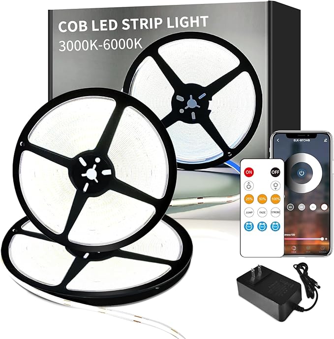 100ft COB LED Strip Lights 6000K White Dimmable DC 24V Flexible LED Tape Light for Bedroom, with Remote and app Control LED Light Strip,for DIY Home Decoration