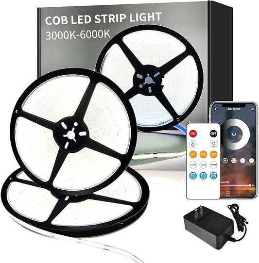 100ft COB LED Strip Lights 6000K White Dimmable DC 24V Flexible LED Tape Light for Bedroom, with Remote and app Control LED Light Strip,for DIY Home Decoration