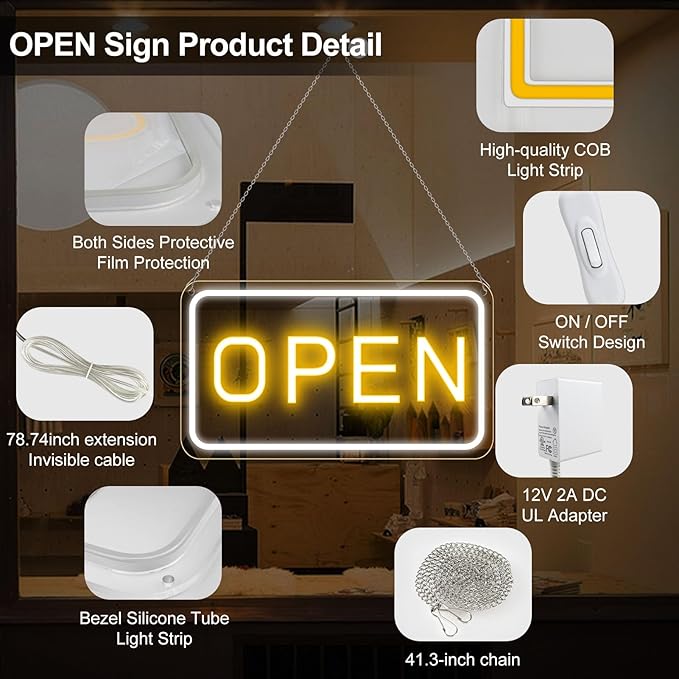 22.8"x 11.8" Ultra Bright 12V Neon Open Sign for Business, LED Open Neon Sign, Electric Light up Signs for Stores, Restaurants Offices Retail Shops Window (Yellow-White-Horizontal)