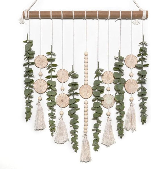Artificial Eucalyptus Wall Hanging Decor Fake Plant Greenery Leaves Chip Strands Beads Garland on 16.5 inch Stick Boho Rustic Farmhouse Nature Bathroom Bedroom Living Room Decorations