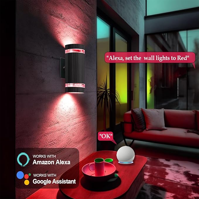 Modern Outdoor Wall Sconce,Smart LED Outdoor Lights-RGB+CCT Color Changing, App&Voice Control, Compatible with App Smart Life, Ambience Exterior Porch Lights for Patio, Garage,Yard