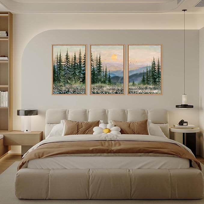 Boho Sunset Forest Framed Canvas Wall Art Set,Colorful Nature Landscape Green Pine Tree Wall Decor, Modern Watercolor Mountain Artwork for Living Room,Bedroom,Office-16 x24 x3