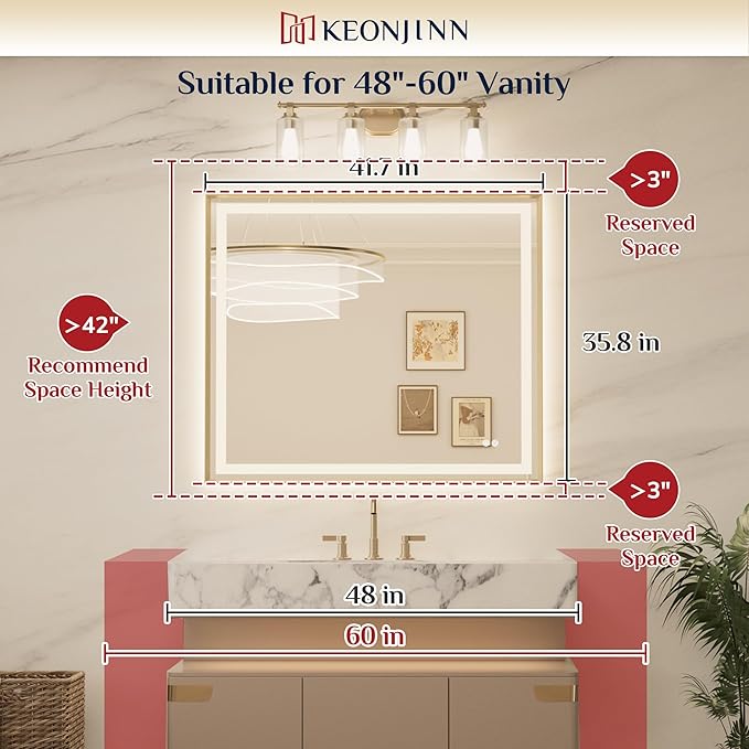 Keonjinn 42 x 36 Inch Brushed Nickel LED Mirror for Bathroom, Frontlit & Backlit Bathroom Vanity Mirror with Lights, HD Tempered Glass, Beveled Framed, 3 Color Temperature, Anti-fog, Plug-in/Hardwired