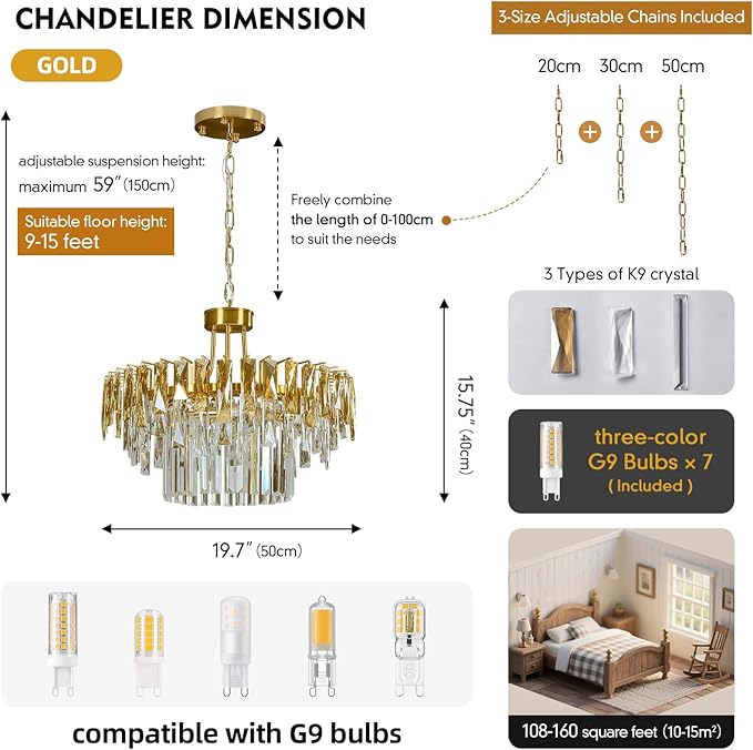 Modern Gold Round Crystal Dining room Chandelier - 19.7'' Luxury Raindrop K9 Crystals Chandeliers,Contemporary 3 Tier Ceiling Light Chandelier for Living room Bedroom Foyer Entryway (Include bulbs)