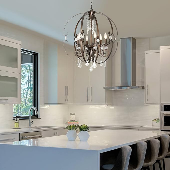 Oil-Rubbed Bronze Crystal Chandeliers for Dining Room Light Fixture, 6-Light 26 Inch Sphere Vintage Chandelier for Kitchen Island, Living Room, Foyer, Staircase, Entry, Villa