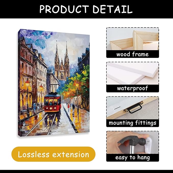 Kewhush European Town Canvas Wall Art, Colorful City Street Canvas Prints, Europe City Wall Art, Set of 3 Abstract Poster, Landscape Artwork, Romantic Decor for Living Room (24" x 36" x 3 pcs)