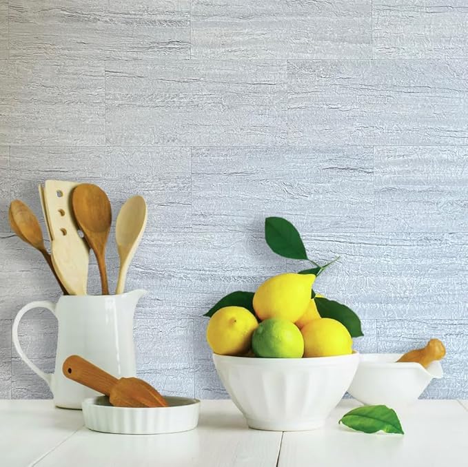 AULIGET 2-Piece Light Shale Peel and Stick Backsplash Wall Tiles, 6" x 12" PVC Faux Stone Stick on Tile for Backsplash Kitchen, Bathroom, Laundry Room, Camper, Fireplace