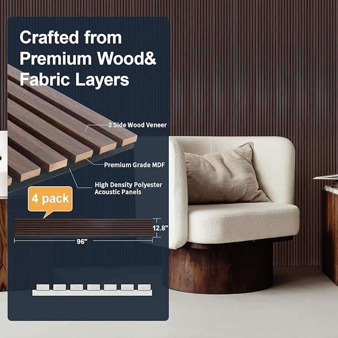 NeatiEase Wood Panels for Wall, 4-Piece 96" x 12.6" Soundproof Wood Slat Wall Panel for Interior Wall Decor Noise Cancelling, Wood Acoustic Wall Panels, Sound Absorbing Panel (Rustic Walnut)