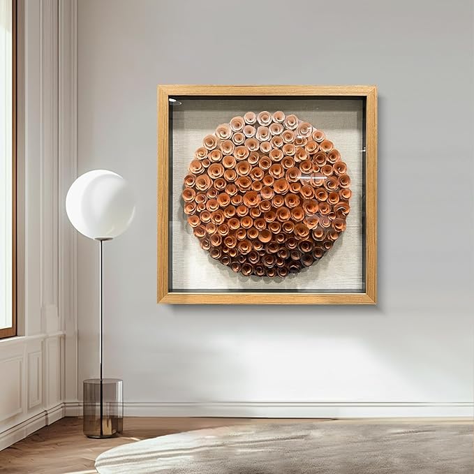 BrightA Natural Wood Paper Cylinder Wall Art Brown Gradient Color Circular Design with Earthy Tones Framed Artwork Modern Minimalist Home Decor for Living Room 23.6"x23.6"