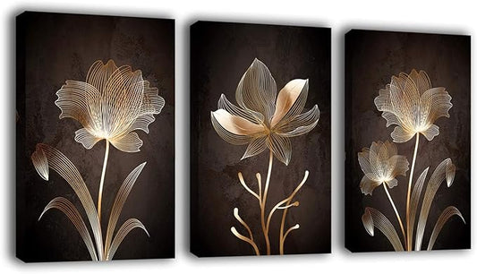 arteWOODS Abstract Wall Art Golden Flowers Canvas Pictures Contemporary Minimalism Abstract Artwork for Bedroom Bathroom Living Room Wall Decor 16" x 24" x 3 Pieces