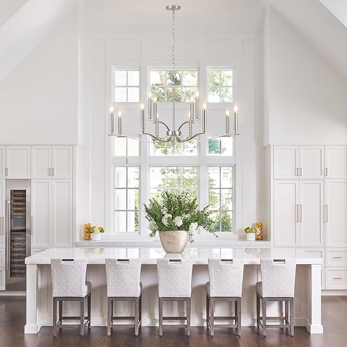 12 Light Nickel Living Room Chandelier High Ceiling Foyer Candle Chandelier Large Modern 44in Metal Chandeliers Hanging Light for Master Bedroom Dining Room Light Fixture Over Table