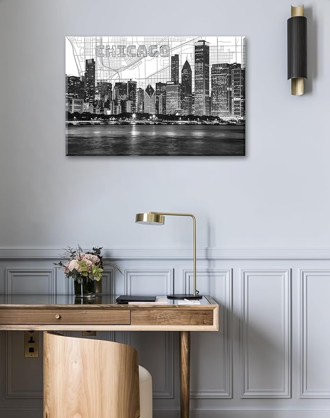 Chicago Skyline Wall Art Framed Canvas Print - Modern Black & White Panorama Cityscape Poster for Home Office Decor Ready-to-Hang Living Room Artwork 24"x36"