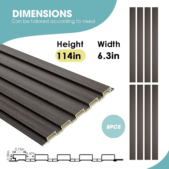 OUZUGIE WPC Acoustic Slat Wall Paneling, 8-Pack 114 x 6 Inches 3D Wall Panels for Interior Wall Decor,Living Room,TV Background,Study Room,Office Spaces,Bedroom,Low Grille (Walnut)