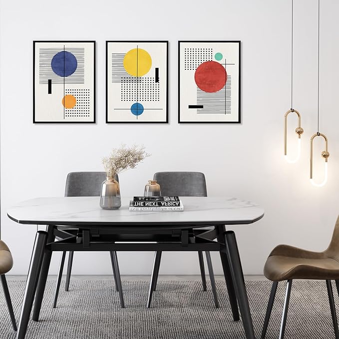 LHIUEM Mid-Century Modern Geometric Wall Art Framed Minimalist Large Painting Set of 3(12”X16”) Boho Black Framed Wall Decor Beige Bohemian Line Art Prints for Living Room Bedroom Gallery