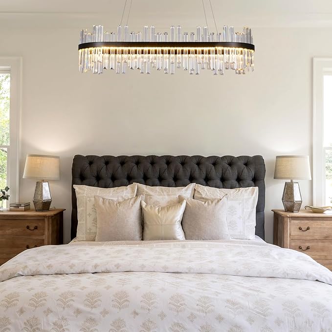 Modern Rectangular Crystal Led Chandelier: 39.3" Black Linear Large Clear Crystals Chandeliers - Luxury Rectangle Contemporary Ceiling Chandelier - Decorated Long Chandeliers for Living Room Bedroom