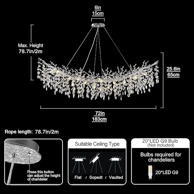 Modern Crystal Silver Chandeliers,72" Large Rectangular Chandeliers for Dining Room, Tree Branch Crystal Lving Room Chandelier,Dining Room Over Table Chandelier,Fixture Height-Adjustable