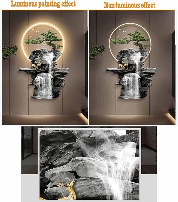 3D Oriental Waterfall Wall Art with LED Light,Oriental Welcoming Pine Landscape for Living Room Office Decor,Modern Art Wall Decor Sculptures, Plug-in Power Supply, Remote Control（50 * 75cm）