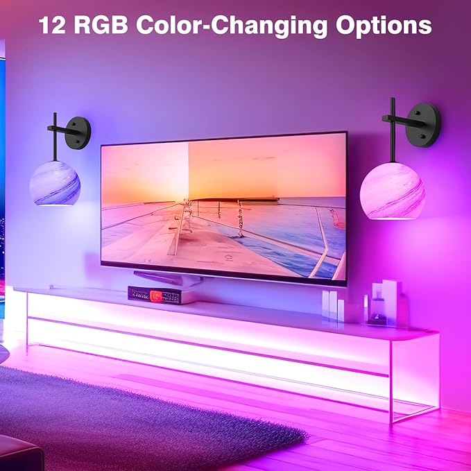 MOITA Wall Sconces Set of Two, Wireless Battery Operated Wall Decor with Remote, Sconces Wall Lighting with Glass Shade, Upward and Downward Installation, 12 RGB Colors and 3 CCT Options