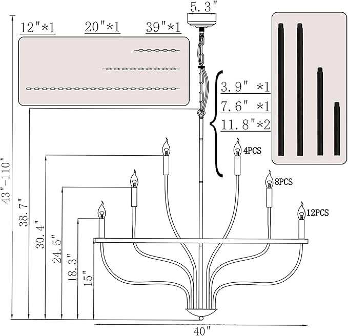 Black Chandelier 24-Light Industrial Iron Candle Chandelier Modern Suspended Farmhouse Chandeliers Pendant Light Fixtures for Dining Room Bedroom Living Room Kitchen Island Foyer E12 Bulb