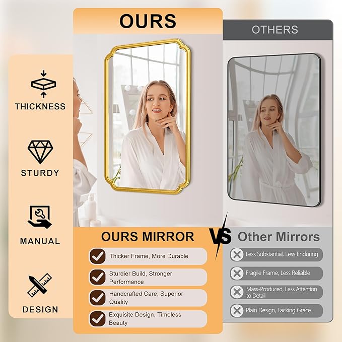 22x34 Inch Gold Bathroom Mirror, Metal Framed Wall Mirror with Rounded Edges, Rustproof Horizontal Vertical Hanging for Vanity Over Sink