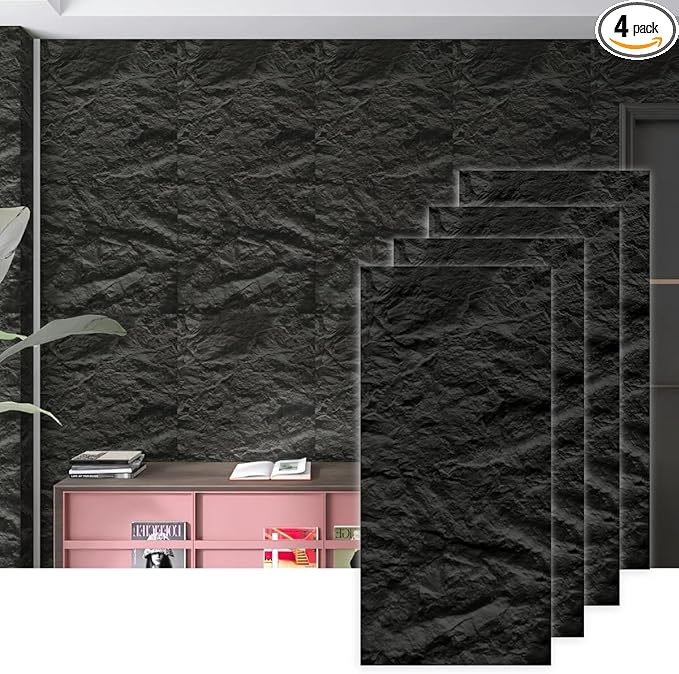4-Pack 3D PU Stone Wall Panels for Interior Decor - Graphite Black, 43.30"x23.62"x1.18" | Faux Stone Accent Wall Tiles, Lightweight & Waterproof