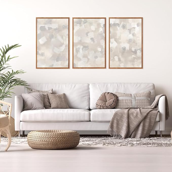 Abstract Gray Beige White Pastel Wall Art Set(16"x24"), 3 Pieces Neutral Geometric Strokes Shapes Illustration Framed Canvas Artwork, Large Mid Century Modern Minimalist Wall Decor for Office Bedroom Living Room