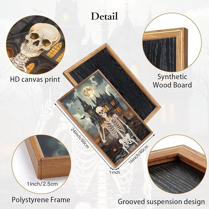 CHDITB Spooky Skeleton Framed Canvas Wall Art Set, Pumpkin Wall Decor, Strange Haunted Mansion Art Wall Painting, Vintage Gothic Skull Art Prints for Living Room, Halloween Party Decoration 16"x24"x3