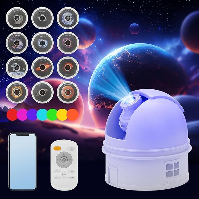 Observatory-Inspired Star Projector for Kids & Adults – HD Focus Adjustable Galaxy Lamp with 12 Discs, Voice Astronomy Education, Auto Shut-Off, White Noise, Rotating & Brightness Control