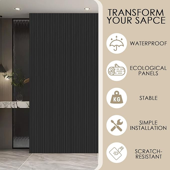 8-Pack 3D Slat Wall Panels — Soundproof Faux Wood Wall Panels for Interior Décor, 48.2" x 6.3", Modern Wall Cladding for Living Room, Bedroom, Office — Black Finish