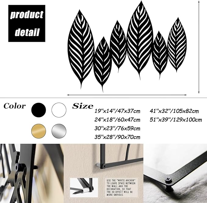 Chaser of Light Metal Leaf Wall Decor, Large Leaves Metal Wall Art, Minimalist Wall Art, Boho Wall Sculpture, Nature Decorations for Living Room, Bedroom (Black, 19"x14"/47x37cm)
