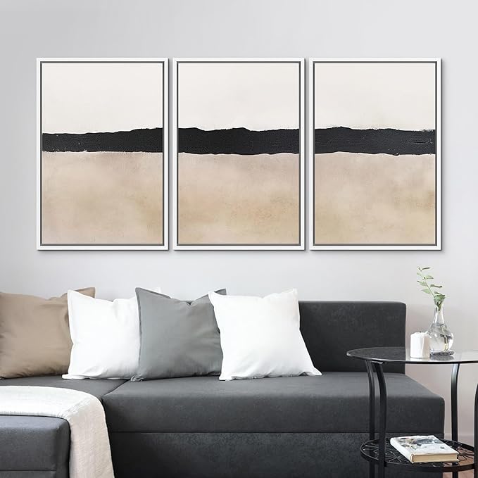 MUDECOR Framed Wall Art Print Set Minimalist Abstract Black Horizontal Brushstroke Illustrations Modern Art Boho Decorative Colorful Chic for Living Room, Bedroom, Office - 24"x36"x3 White