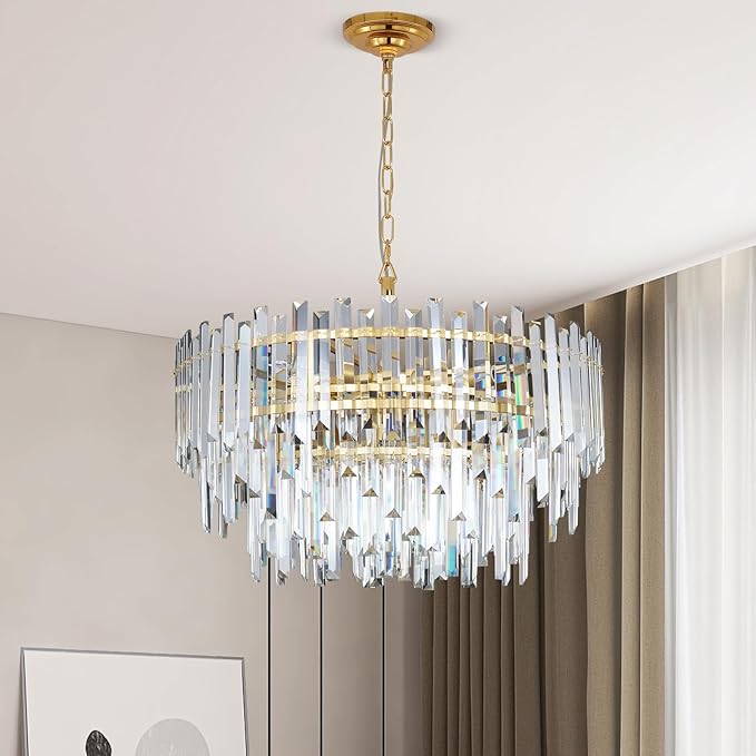 24" Modern Crystal Chandelier, 3-Tier Gold Pendant Light with 8 Lights, Luxury K9 Crystal Ceiling Fixture for Dining Room Living Room Foyer