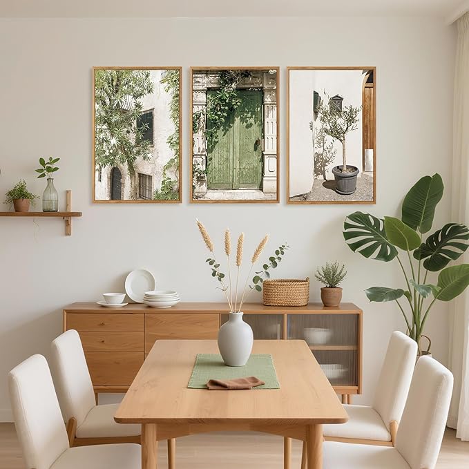 CHDITB Vintage Italy City Landscape Framed Canvas Wall Art Set, Mediterranean Door Wall Decor, Olive Green Cityscape Painting, Tree Old House Italian Art Print For Living Room Bedroom Office 16"x24"x3