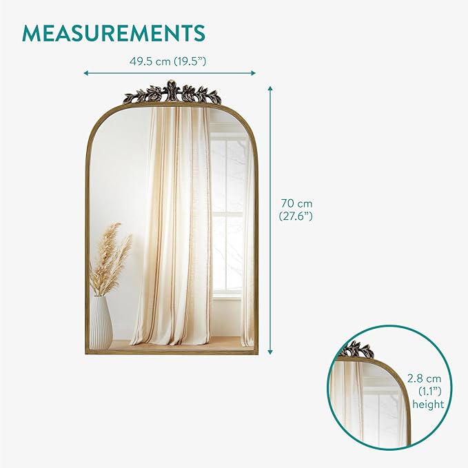 Navaris Vintage Mirror - Decorative Gold Antique Mirror - Large Brass Arched Mirrors - French Mirrors for Bathroom Wall Above Mantel or Fireplace - Ornate Baroque Victorian Style