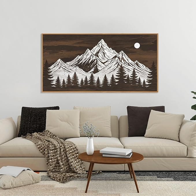 KAIRNE Wooden Mountain Tree Framed Canvas Wall Art Set, Country Wood Forest Wall Decor, Woodcut Pine Tree Wall Painting, Nature Farmhouse Zen Art Prints for Living Room, Bedroom, Office - 20"x40"x3