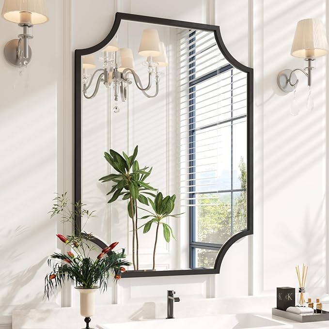 Kelly Miller 30"x40" Large Black Bathroom Mirror for Wall, Gold Scalloped Vanity Mirror Bevelled Framed Decorative Mirror for Master Bath Half Bath Entrance Hallway Fireplace Bedroom Living Room